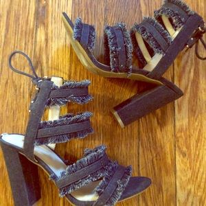 Guess Evira Denim Ankle Tie Block Heel Sandals